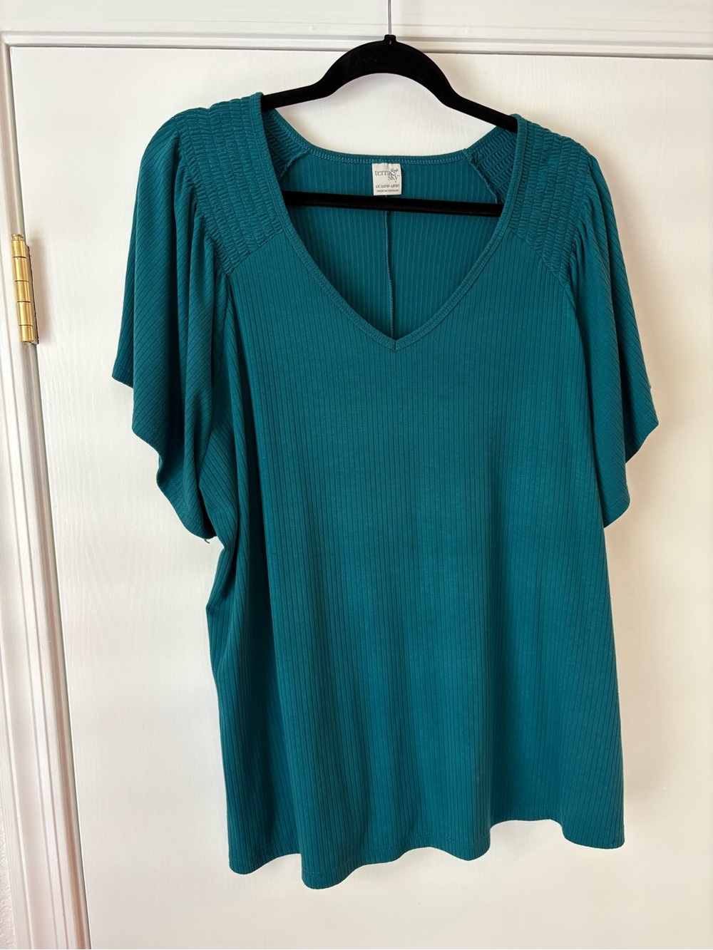 Plus size Terra & Sky Teal Ribbed V-Neck Short Sleeve Tops - Picture 4 of 12